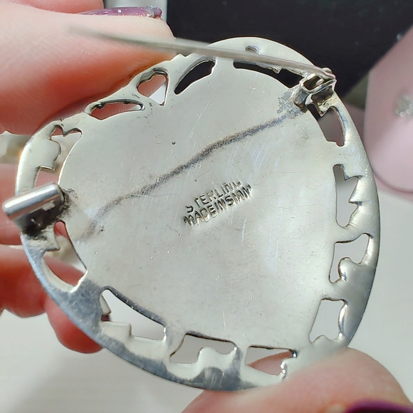 Antique Siam Nielloware Heart Brooch Pin w/ Ornate Diamond cutout edging - Picture 7 of 11